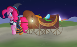 Size: 2338x1423 | Tagged: safe, artist:fluttair, pinkie pie, g4, clothes, female, moon, nightmare night, party cannon, socks, solo, striped socks, witch