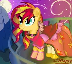 Size: 1000x900 | Tagged: safe, artist:sunsetcrady, sunset shimmer, pony, unicorn, g4, clothes, dress, female, gala dress, grand galloping gala, moon, necklace, night sky, pendant, signature, solo, stars