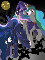 Size: 1500x2000 | Tagged: safe, artist:crazy bush, princess celestia, princess luna, alicorn, pony, g4, female, halloween, mare