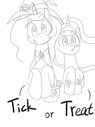 Size: 1500x2000 | Tagged: safe, artist:crazy bush, princess celestia, princess luna, g4, halloween, monochrome