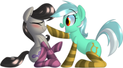 Size: 2514x1387 | Tagged: safe, artist:january3rd, lyra heartstrings, octavia melody, earth pony, pony, unicorn, g4, best friends, blushing, boop, clothes, cute, eyes closed, female, lesbian, mare, octyra, open mouth, shipping, simple background, sitting, smiling, socks, striped socks, transparent background