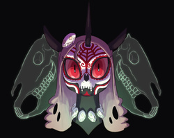 Size: 1104x880 | Tagged: safe, artist:carnifex, oc, oc only, oc:calliphora, changeling, changeling queen, 2015, bust, changeling oc, changeling queen oc, dia de los muertos, female, halloween, happy halloween, horse skull, looking at you, necklace, nightmare night, portrait, red changeling, red eyes, skull, solo, theme