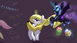 Size: 1920x1080 | Tagged: safe, artist:underpable, nightmare moon, princess celestia, g4, banana, candy, clothes, costume, dialogue, grin, magic, nightmare night, offscreen character, screaming