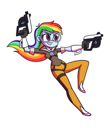 Size: 1225x1400 | Tagged: safe, artist:khuzang, rainbow dash, equestria girls, g4, female, goggles, latin american, overwatch, rainbow tracer, solo, tracer, voice actor joke, weapon
