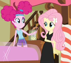 Size: 1024x910 | Tagged: dead source, safe, artist:angelitus01, fluttershy, pinkie pie, equestria girls, g4, scare master, alternate hairstyle, bag, black dress, clothes, costume, dress, duo, equestria girls interpretation, face paint, little black dress, nightmare night, nightmare night costume, pinkie puffs, scene interpretation, shorts, show accurate, sugarcube corner