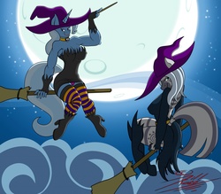 Size: 1280x1121 | Tagged: safe, artist:killkatt, trixie, zecora, zebra, anthro, unguligrade anthro, g4, armpits, broom, clothes, cloud, crossed legs, flying, flying broomstick, full moon, halloween, hat, looking back, moon, night, night sky, nightmare night, panties, socks, underwear, wand, witch, witch hat