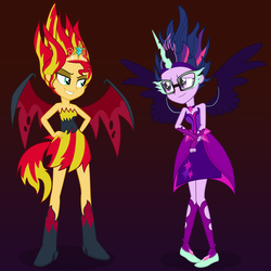 Size: 1000x1000 | Tagged: safe, artist:ohitison, sci-twi, sunset shimmer, twilight sparkle, equestria girls, g4, my little pony equestria girls: friendship games, bare shoulders, clothes, costume, duo, duo female, female, hand on hip, midnight sparkle, midnightsatan, shit eating grin, sleeveless, sunset satan, wings