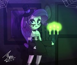 Size: 1100x925 | Tagged: safe, artist:bluse, rarity, equestria girls, g4, 2015, candle, clothes, female, halloween, hat, light, makeup, show accurate, signature, solo, spider web, theme