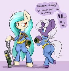 Size: 1120x1152 | Tagged: safe, artist:artguydis, oc, oc only, oc:disastral, oc:floe, crystal pony, pony, unicorn, semi-anthro, ask disastral, fallout equestria, bipedal, broken horn, butt, fallout, fallout 4, feels like i'm wearing nothing at all, horn, male, pipboy, pipbuck, plot, the simpsons