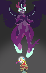 Size: 1700x2661 | Tagged: safe, artist:final7darkness, sci-twi, sunset shimmer, twilight sparkle, equestria girls, g4, my little pony equestria girls: friendship games, confrontation, evil grin, giantess, grin, macro, magic, midnight sparkle, smiling