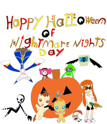 Size: 2379x2758 | Tagged: safe, artist:pokeneo1234, pound cake, pumpkin cake, inkling, squid, g4, charlotte, elly, five nights at freddy's, h.n. elly (kirsten), halloween, high res, holiday, jack-o-lantern, marionette, nightmare night, octarian, orange (inkling), puella magi madoka magica, pumpkin, splatoon, walpurgisnacht