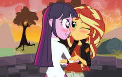 Size: 3500x2200 | Tagged: safe, artist:darthlena, sunset shimmer, twilight sparkle, equestria girls, g4, alternate clothes, blushing, clothes, female, high res, leather jacket, lesbian, ship:sunsetsparkle, shipping