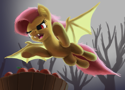 Size: 3012x2182 | Tagged: safe, artist:odooee, fluttershy, bat pony, pony, g4, apple, barrel, fangs, female, flutterbat, flying, halloween, high res, solo