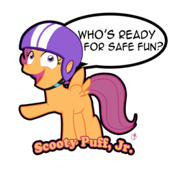 Size: 2100x2100 | Tagged: safe, artist:manic-the-lad, scootaloo, g4, crossover, dialogue, female, futurama, helmet, high res, humor, male, scooty puff jr., simple background, solo, transparent background