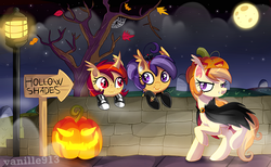 Size: 1600x985 | Tagged: safe, oc, oc only, bat pony, pony, halloween, holiday, jack-o-lantern, moon, pumpkin