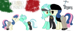 Size: 2100x900 | Tagged: safe, artist:skulluigi, bon bon, lyra heartstrings, sweetie drops, earth pony, pony, unicorn, g4, bicycle, camacho, clothes, cross, eyepatch, female, hat, headband, hunico, kissing, lesbian, mare, necklace, nuzzling, ship:lyrabon, shipping, simple background, sunglasses, tank top, transparent background, wrestling, wwe