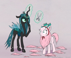 Size: 720x589 | Tagged: safe, artist:el-yeguero, queen chrysalis, velvet (tfh), oc, oc:fluffle puff, changeling, changeling queen, deer, pony, reindeer, them's fightin' herds, g4, clothes, comb, community related, cosplay, costume, ear fluff, female, haircut, hairless, magic, mare, scissors, shaved, telekinesis