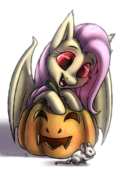 Size: 510x720 | Tagged: safe, artist:arceus55, fluttershy, bat pony, mouse, pony, g4, fangs, female, flutterbat, happy, jack-o-lantern, pumpkin, simple background, solo