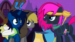 Size: 1024x576 | Tagged: safe, artist:noah-x3, oc, oc only, oc:neon flare, oc:noah, oc:serene, group, halloween, nightmare night, norene, show accurate