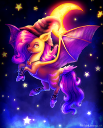 Size: 1800x2232 | Tagged: safe, artist:9de-light6, fluttershy, bat pony, pony, g4, female, flutterbat, hat, moon, necklace, night, solo, witch hat