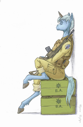Size: 522x800 | Tagged: dead source, safe, artist:adeptus-monitus, trixie, unicorn, anthro, unguligrade anthro, g4, alternate hairstyle, army, assault rifle, automatic rifle, bipedal, box, clothes, eyes closed, female, gun, hoers, mare, military, military uniform, nap, profile, rifle, simple background, sitting, sleeping, solo, uniform, weapon, white background