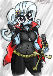 Size: 1093x1567 | Tagged: safe, artist:flutterthrash, trixie, equestria girls, g4, bone, cape, clothes, costume, devil horn (gesture), female, halloween, heavy metal, king diamond, makeup, microphone, nightmare night, rock (music), satanism, solo