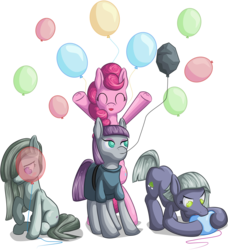 Size: 3503x3842 | Tagged: safe, artist:itresad, limestone pie, marble pie, maud pie, pinkie pie, g4, hearthbreakers, balloon, biting, eyes closed, group, hair over one eye, high res, open mouth, pie sisters, request, requested art, siblings, simple background, sisters, transparent background
