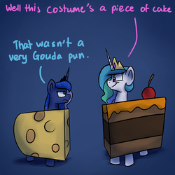 Size: 1200x1200 | Tagged: safe, artist:anticular, princess celestia, princess luna, alicorn, pony, ask sunshine and moonbeams, g4, cake, cake costume, cheese, cheese costume, cherry, clothes, costume, dialogue, duo, duo female, female, food, food costume, halloween, hilarious in hindsight, mare, pun