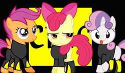 Size: 1690x985 | Tagged: safe, artist:digiradiance, apple bloom, scootaloo, sweetie belle, g4, boots, cutie mark crusaders, the nexus (stable), tongue out, wrestling, wwe