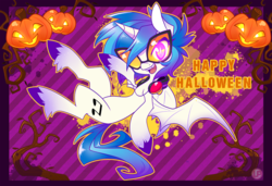 Size: 900x616 | Tagged: safe, artist:lolopan, dj pon-3, vinyl scratch, bat pony, pony, unicorn, vampire, g4, abstract background, bat wings, colored hooves, cutie mark, fangs, female, glasses, halloween, holiday, hooves, horn, jack-o-lantern, looking at you, mare, open mouth, pumpkin, solo, spread wings, sunglasses, text, vinyl the vampire