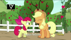 Size: 480x270 | Tagged: safe, screencap, apple bloom, applejack, earth pony, pony, brotherhooves social, g4, animated, applejack's hat, blinking, bow, cowboy hat, cute, discovery family logo, female, hair bow, hat, jackabetes, looking at each other, mare, open mouth, raised hoof, smiling