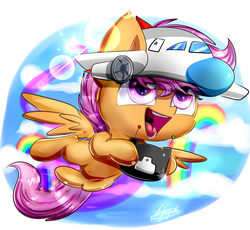 Size: 1550x1428 | Tagged: safe, artist:flappy27, scootaloo, g4, controller, cute, female, flying, hat, hoof hold, open mouth, rainbow, remote control, smiling, solo