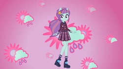 Size: 2048x1152 | Tagged: safe, artist:starblast33, sunny flare, equestria girls, g4, my little pony equestria girls: friendship games, animated in description, clothes, cute, grin, looking at you, ponied up, school uniform, skirt, smiling, solo, transformation, wallpaper