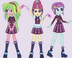 Size: 1418x1150 | Tagged: safe, artist:starblast33, lemon zest, sour sweet, sunny flare, equestria girls, g4, my little pony equestria girls: friendship games, clothes, cute, flag waving, headphones, looking at you, open mouth, school uniform, smiling, sourbetes