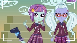 Size: 1920x1080 | Tagged: safe, artist:starblast33, sugarcoat, sunny flare, equestria girls, g4, my little pony equestria girls: friendship games, adoraflare, camera, camera shot, clothes, cute, glasses, looking at you, peace sign, school uniform, smiling