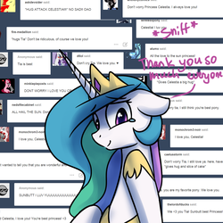 Size: 1200x1200 | Tagged: safe, artist:anticular, princess celestia, alicorn, pony, ask sunshine and moonbeams, g4, ask, crying, cute, cutelestia, dialogue, female, floppy ears, happy, looking at you, mare, smiling, solo, tears of joy, tumblr