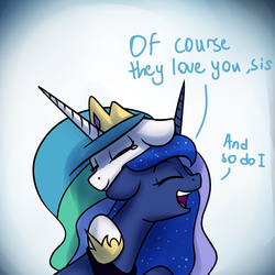 Size: 1200x1200 | Tagged: safe, artist:anticular, princess celestia, princess luna, alicorn, pony, ask sunshine and moonbeams, g4, dialogue, duo, duo female, eyes closed, female, floppy ears, hug, mare, open mouth, sisters