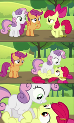 Size: 960x1594 | Tagged: safe, screencap, apple bloom, scootaloo, sweetie belle, brotherhooves social, g4, cutie mark crusaders, grin, on top, pounce