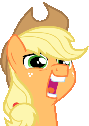 Size: 500x709 | Tagged: source needed, safe, artist:paragonaj, applejack, g4, animated, creepy, faic, fashion reaction, female, guffaw, laughing, loop, meme, nervous, open mouth, simple background, smiling, solo, transparent background, uncomfortable