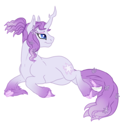 Size: 700x700 | Tagged: dead source, safe, artist:darkodraco, tree of harmony, oc, oc only, oc:harmony (heilos), classical unicorn, pony, cloven hooves, female, flower, flower in hair, horn, leonine tail, lying down, mare, ponified, simple background, solo, transparent background, unshorn fetlocks
