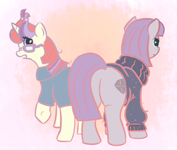 Size: 991x839 | Tagged: safe, artist:tanmansmantan, maud pie, moondancer, earth pony, pony, unicorn, g4, butt, butt envy, clothes, clothes swap, duo, female, mare, plot, the ass was fat