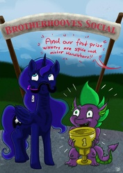 Size: 1024x1448 | Tagged: safe, artist:dinodraketakethecake, princess luna, spike, alicorn, pony, brotherhooves social, g4, duo, moustache, price tag, speech bubble, trophy, whistling