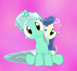 Size: 588x546 | Tagged: safe, artist:ガラムマサラ別館, bon bon, lyra heartstrings, sweetie drops, earth pony, pony, g4, 3d, adorabon, animated, cute, duo, female, headbob, looking at you, lyrabetes, mmd, sitting, smiling, staring into your soul, tama & friends