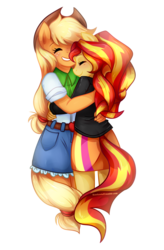 Size: 853x1298 | Tagged: dead source, safe, artist:licora, applejack, sunset shimmer, anthro, equestria girls, g4, blushing, cute, eyes closed, female, heartwarming, hug, jackabetes, lesbian, shimmerbetes, ship:appleshimmer, shipping