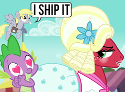 Size: 703x521 | Tagged: safe, big macintosh, derpy hooves, spike, earth pony, pony, brotherhooves social, g4, crossdressing, i ship it, implied gay, mail, mailbag, mailmare, mailpony, male, orchard blossom, ship:spikentosh, shipper on deck, shipping, stallion