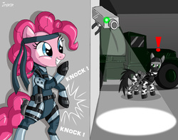 Size: 1024x807 | Tagged: safe, artist:jrenon, pinkie pie, g4, camera, clothes, crossover, distraction, exclamation point, famas, genome soldier, knocking, konami, metal gear, metal gear solid, solid snake, suit, truck