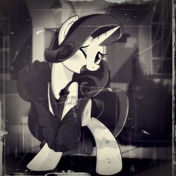 Size: 1000x1000 | Tagged: safe, artist:ruhisu, rarity, pony, unicorn, g4, bedroom eyes, black and white, blow, clothes, female, film grain, grayscale, manehattan, mare, marilyn monroe, patreon, skirt, solo, standing, the seven year itch, vent, vintage, wind, wink