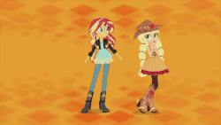 Size: 960x540 | Tagged: safe, screencap, applejack, sunset shimmer, equestria girls, friendship through the ages, g4, alternate hairstyle, animated, boots, country applejack, female, high heels, reversed, sleeveless, spurs