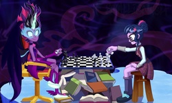 Size: 1155x692 | Tagged: safe, artist:h-stallionwolf, sci-twi, twilight sparkle, equestria girls, g4, my little pony equestria girls: friendship games, book, chess, duality, duo female, female, match, midnight sparkle, mind control, self paradox, the seventh seal, torture