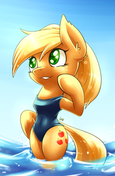 Size: 1262x1920 | Tagged: safe, artist:lovelyneckbeard, applejack, earth pony, semi-anthro, g4, blue swimsuit, clothes, day, female, hind legs, legs in the water, legs together, looking up, one-piece swimsuit, solo, swimsuit, water